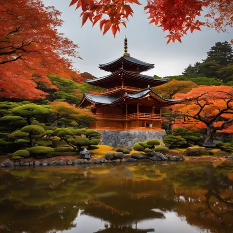 wallpaper hd，(((An exquisite Japanese temple in autumn：1.3))),Large lawn、2 Buddha statues，(HD Real),，The screen is filled with golden sunlight，HD picture，1/3. Leave blank，Nikon SLR lenses，Shoot at medium distance，Soft lighting，Ultra high quality，tmasterpie...