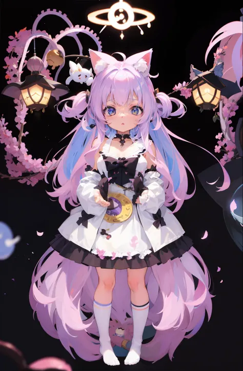 une fille de dessin animé avec des cheveux blancs et des chats noirs sur un fond rose, Anime Cat Girl en costume de femme de chambre, Nyaruko-san, anime catgirl, Holo est une fille loup, anime monster girl, Nekomimi, Anime Fille avec des oreilles de chat, ...