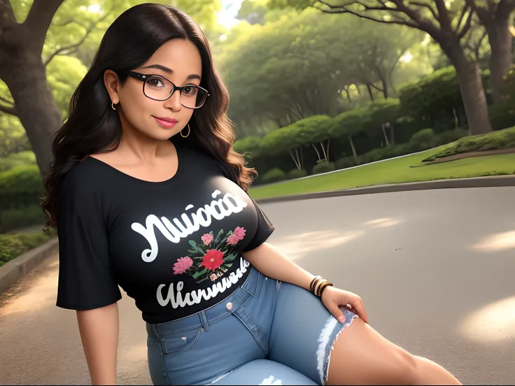 Mulher de pele morena clara , indigenous traits,  48 anos, Kindergarten teacher wears glasses,  Cabelos lisos compridos e pretos,  In a park with trees and flowers , thick lips, seios pequenos, Wearing jeans, black t-shirt and sneakers,  magra. Peitos pequ...