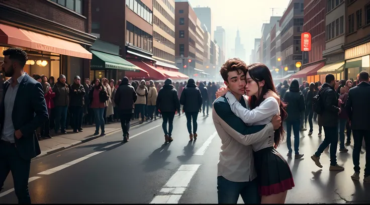 A guy standing in a very busy street surrounded by people being hugged by a ghost