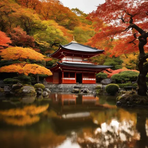 wallpaper hd，(((An exquisite Japanese temple in autumn and autumn：1.3))),Large lawn、Autumn leaves scattered on the ground，BUDDHA STATUE，(HD Real),，The screen is filled with golden sunlight，HD picture，1/3. Leave blank，Nikon SLR lenses，Shoot at medium distan...