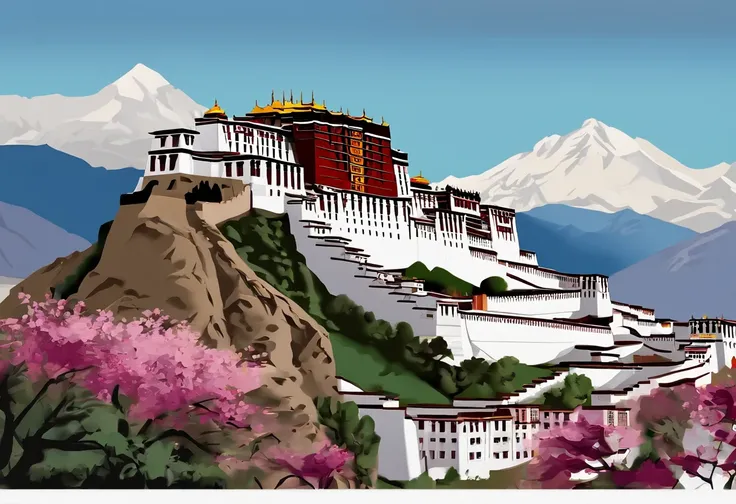 masterpiece,best quality,flat illustration,16k,(Potala Palace),Tibet,building.(pure whitebackground:1.2),GuoFeng,