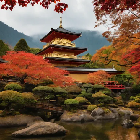 wallpaper hd，(((An exquisite Japanese temple in autumn and autumn：1.3))),Meandering creeks and streams、Autumn leaves scattered on the ground，Bronze bell，Several Buddha statues，(HD Real),，The screen is filled with golden sunlight，HD picture，1/3. Leave blank...