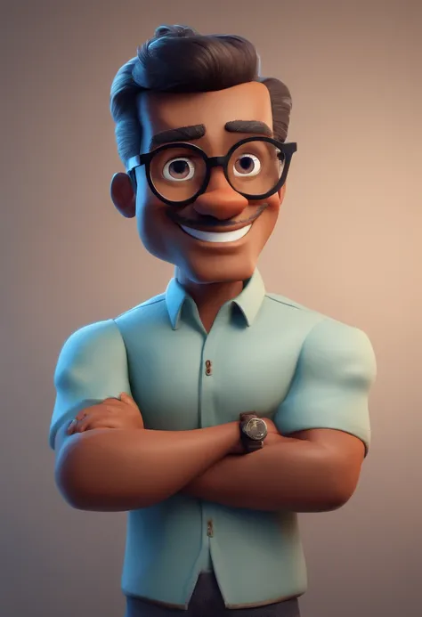 Cartoon character of a man with black glasses and a blue shirt, animation character, Caractere estilizado, animation style rendering, 3D estilizado, Arnold Maya render, 3 d render stylized, toon render keyshot, Personagem 3D, Personagem 3D, 3d rendering st...