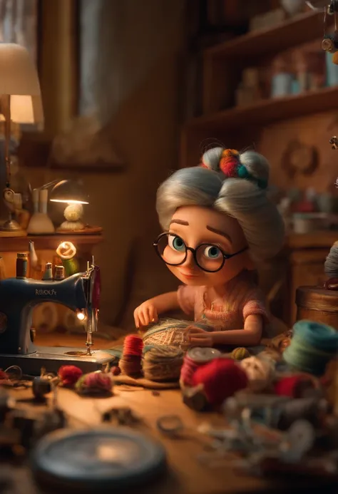 A collector of ideas inspired by Pixar animation, de perto. She is surrounded by sewing objects, needles and sewing machine, each containing a unique idea. The focus is on the character, with a captivating facial expression, Against a backdrop of shimmerin...