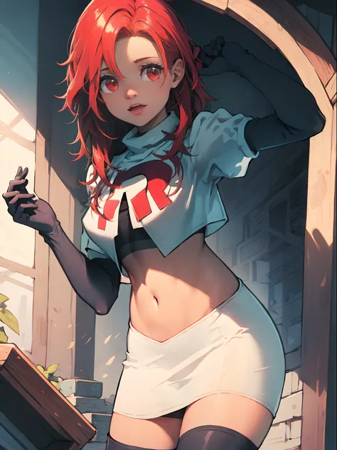 defHapi, team rocket, team rocket uniform, red letter R, white skirt, white crop top, black thigh-high boots, black elbow gloves, looking at viewer