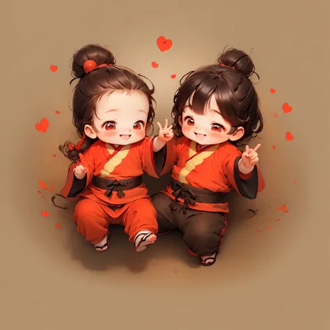 delicated，Happy human baby，having fun，Cute Chinese style Q version baby，Red and yellow hanfu，Fuwa