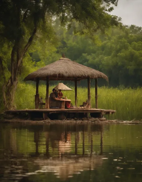 It shows a beautiful western lake and green fields..On one side of the lake there is a towering peak.，A little boy sitting in a gazebo., On the other side is a dense forest..All images are in vivid colors.、Refreshing & Natural，4K quality，Oil Painting,Photo...