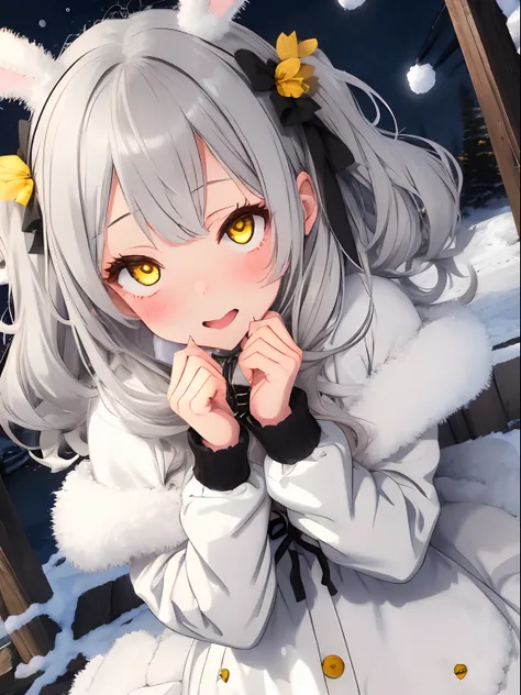 girl with,Light gray hair,Yellow eyes,Fluffy Bunny Girl,Winter clothes,Dress Sex,Kamimei,Prayer Pose