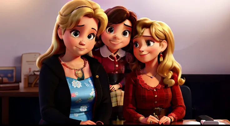 Pai de 60 anos vom terno, 55-year-old mother in red dress and daughter between the two 30-year-old and blonde, High-quality, high-resolution Disney Pixar style drawing.