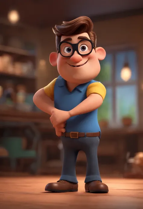 Cartoon character of a man with black glasses and a blue shirt, animation character, Caractere estilizado, animation style rendering, 3D estilizado, Arnold Maya render, 3 d render stylized, toon render keyshot, Personagem 3D, Personagem 3D, 3d rendering st...