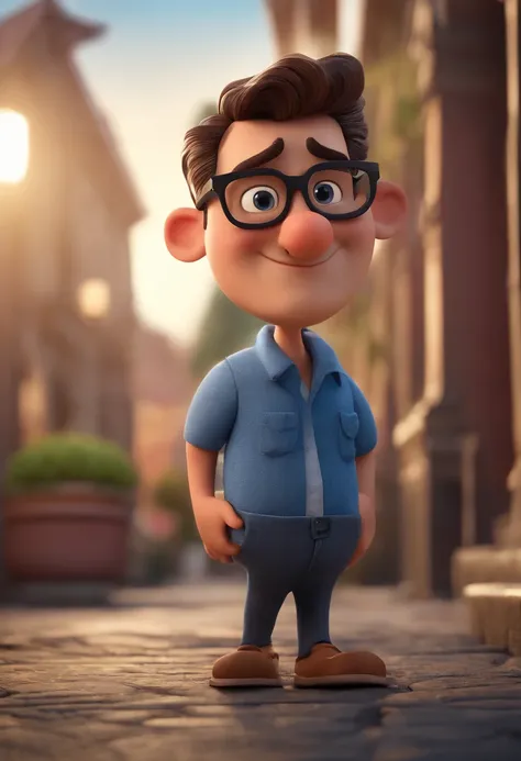 Cartoon character of a man with black glasses and a blue shirt, animation character, Caractere estilizado, animation style rendering, 3D estilizado, Arnold Maya render, 3 d render stylized, toon render keyshot, Personagem 3D, Personagem 3D, 3d rendering st...