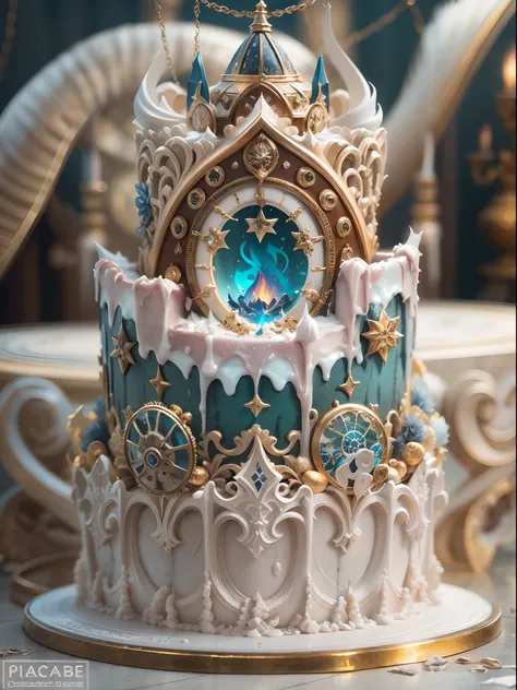 ((Best quality)) , ((Masterpiece)) , (Detailed) ,（Close-up of cream cake:1.1）, Covered with white cream，Three layers，Bottom-up contraction，Gorgeous styling，Professional design，The candle is in place，Blue Flame，（In steampunk style），For royalty，(Fantasy illu...