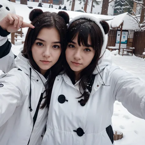 Portrait of an 18 year old woman taking a selfie with a panda at close range, wearing a jacket, snow background