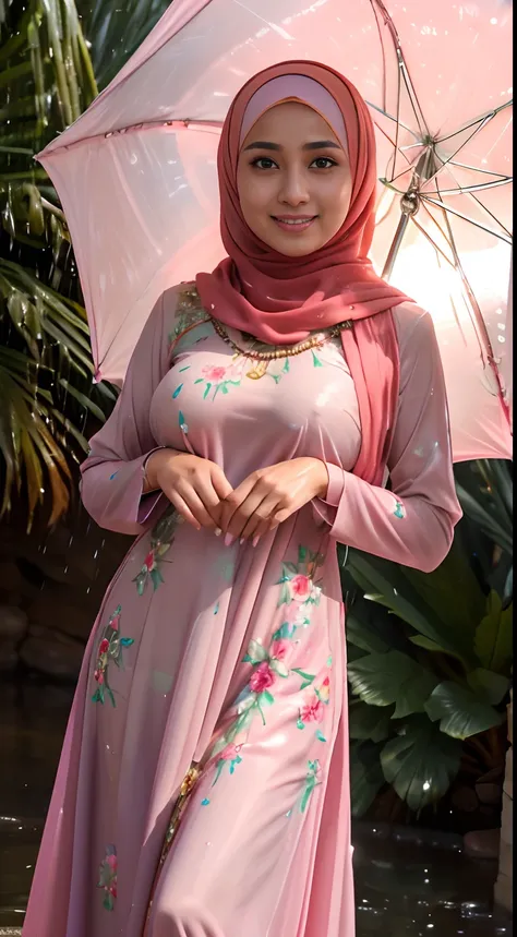 RAW, Best quality, high resolution, Masterpiece: 1.3), Beautiful Malay woman in hijab, Masterpiece, Perfect slim body, ((Big breasts)), Beautiful big eyes, water eyes, Soft smile, ((wearing tight red pastel floral malay gamis with closed hijab)), simple di...