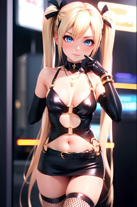 Marie rose, twintails, hair clip, 1girl, solo, (microdress), (golden), (bodycon), cleavage, navel, (face focus), (o-ring:1.2), jewelry, necklace, waist cutout, belt, fishnet thighhighs, highheels, looking at viewer BREAK masterpiece, best quality, glowing ...