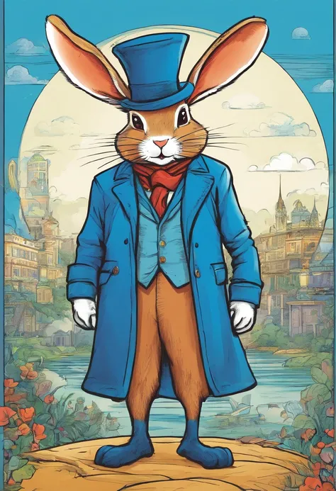 Rabbit wearing a blue hat and blue coat,