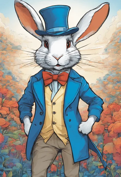 Rabbit wearing a blue hat and blue coat,