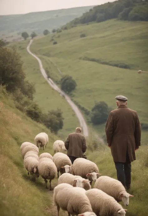 Vintage grainy low quality realistic photo from the 60s, On the hillside，Two old men, There is a flock of sheep around, Distant trains pass by