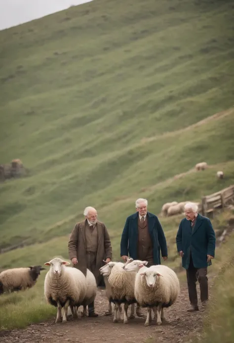 Vintage grainy low quality realistic photo from the 60s, On the hillside，Two old men, There is a flock of sheep around, Distant trains pass by