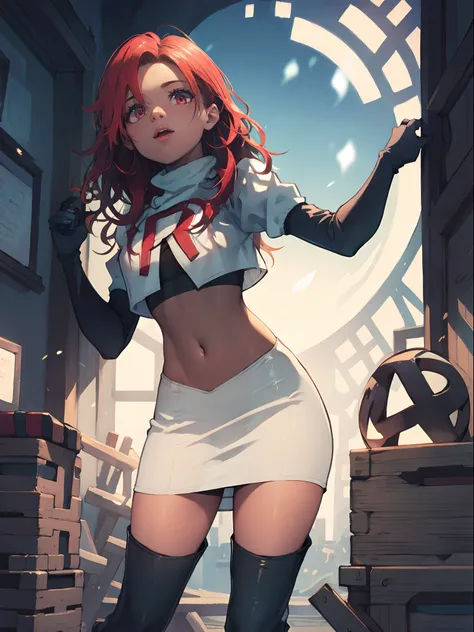 defhapi, team rocket, team rocket uniform, red letter r, white skirt, white crop top, black thigh-high boots, black elbow gloves...