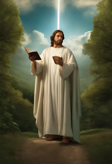 tema: Deus conosco
Estilo: Realistic, com cores vivas e contrastes
Elementos: Uma pessoa caminhando por um campo verde, holding a bible in his right hand and a bright light in his left hand. A luz ilumina o caminho da pessoa e forma a palavra "Deus" nas nu...