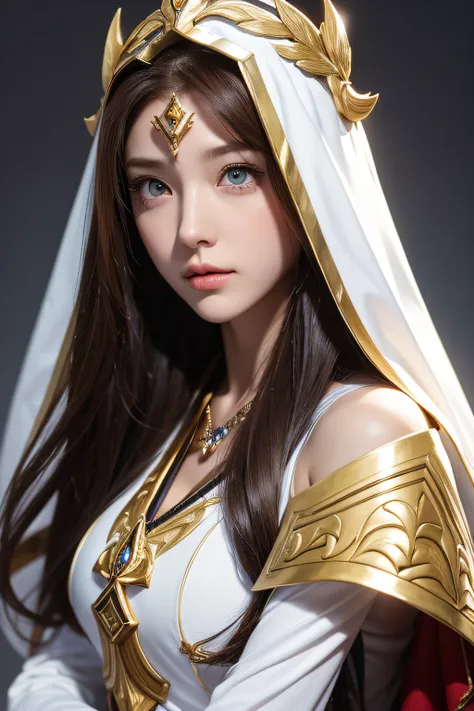 Shot of the 30-year-old Princess Zelda, Brown hair, Blue eyes, Dressed as an Assassin from Assassins Creed, in white+White mask on gold background、Gold details at hood, XL Bust, Using the Wrist Blade. Background: Renaissance cities. unreal enginee 5, Anime...