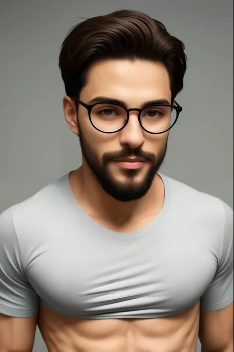 Menino moreno , round glasses , barba , camiseta preta ,