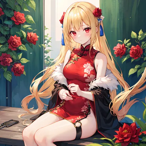 blonde  hair、The girl with the red eyes、Sitting surrounded by roses、red blush、chinese clothes