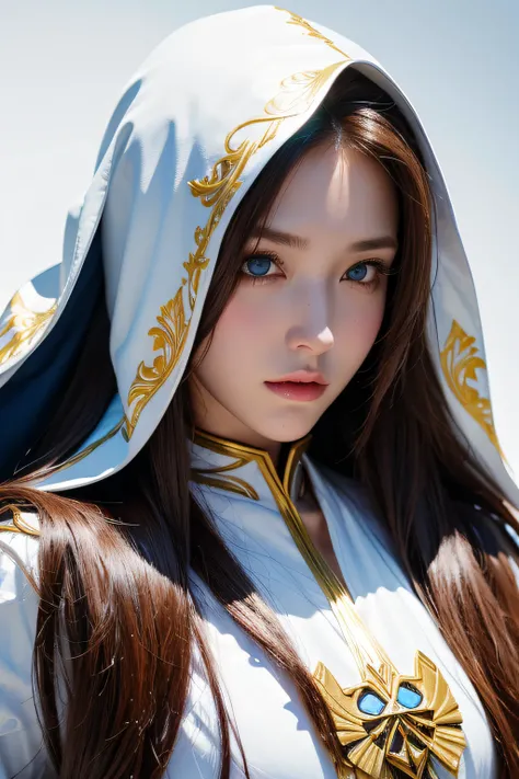 Full body shot of 30-year-old Princess Zelda, Brown hair, Blue eyes, Dressed as an Assassin from Assassins Creed, in white+White mask on golden background、Gold details at hood, XL Bust, Using the Wrist Blade. ((Background: Renaissance cities. unreal engine...