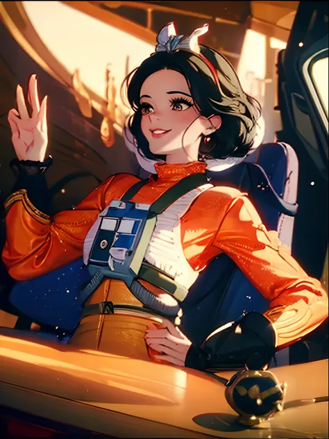 masterpiece, best quality, intricately detailed, a woman, beautiful, elegant, smile, snowwhite, hair bow, disney style, rebel pilot suit, cockpit view