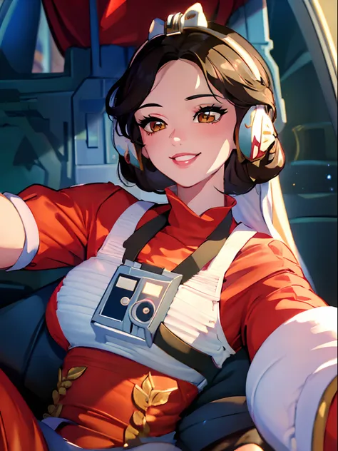 masterpiece, best quality, intricately detailed, a woman, beautiful, elegant, smile, snowwhite, hair bow, disney style, rebel pilot suit, cockpit view