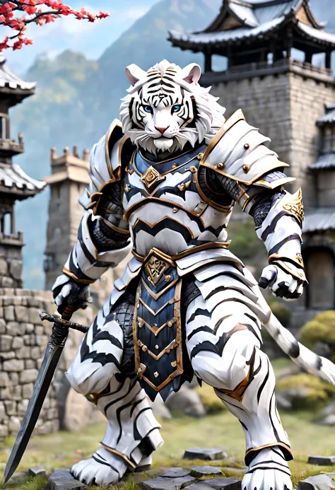 full body Esbian、Cool White Tiger、Villain White Tiger、Menacing White Tiger、figurine、Knight Armor、odd eye、Holding a Japan sword、diorama、symple background、Fortress background、​masterpiece, Best Quality, Capture super cute moments, depth of fields, ultra-deta...