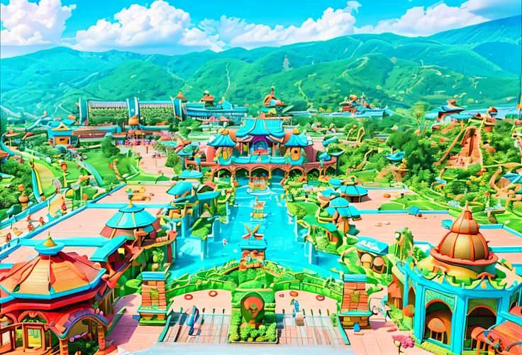 Great views of the theme park，Large swimming pool and mountains in the background, fantasy village, baotou china, amusement park buildings, guangjian, tourist destination, magical village, Taoist, shaxi, full - view, dreamy Chinese towns, theme park, Resor...