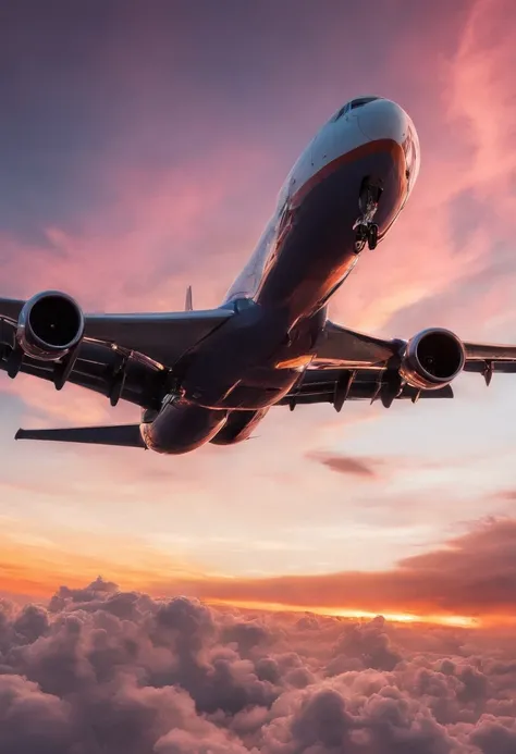 Close-up of cloudy sunset and airplane flying in the sky, Amazing skies, Amazing skies, Stunning sunset, brilliant sunset, A very colorful heaven, Amazing reflections of the sky, Colorful clouds, colorful sunset, Sunset clouds, Cloudy sunset, Glowing cloud...