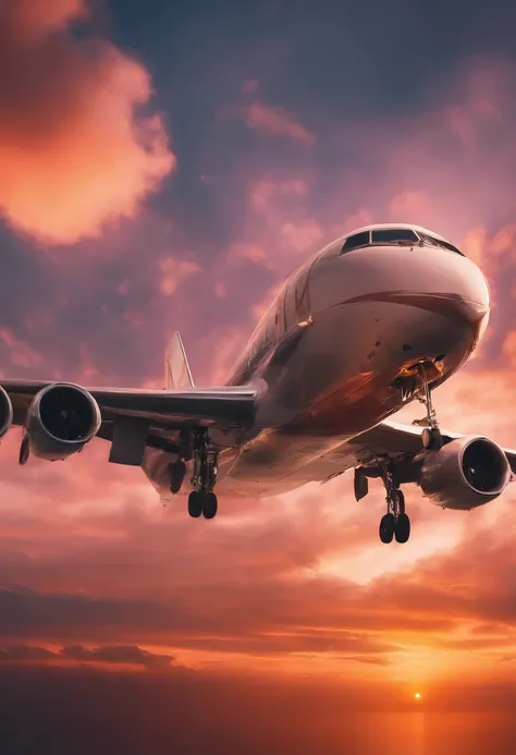 Close-up of cloudy sunset and airplane flying in the sky, Amazing skies, Amazing skies, Stunning sunset, brilliant sunset, A very colorful heaven, Amazing reflections of the sky, Colorful clouds, colorful sunset, Sunset clouds, Cloudy sunset, Glowing cloud...