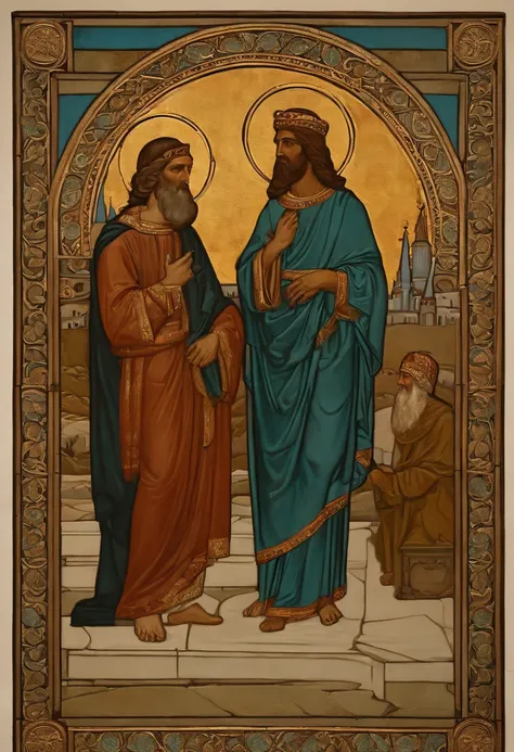 King Hezekiah and the prophet Isaiah talking in Jerusalem in the 7th century B.C..C.
Detalhes:
O rei Ezequias deve estar vestido com roupas reais, como uma coroa e um manto.
The prophet Isaiah should be dressed in simple clothes, como um manto e um cajado....