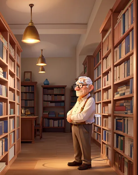 A wise old man standing in front, illuminated by the light of a lamp, against the backdrop of a library