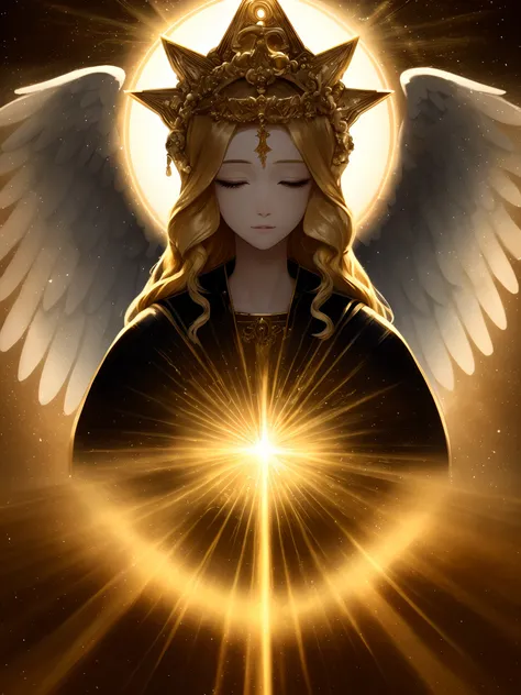 (best quality,highres),angelic lighting,colorful,beautiful details,hair（yellow, vibrant, flowing）,eyes(beautiful, colorful),saint surrounded by angels,rays of light shining on the saint,holy,peaceful,divine halo