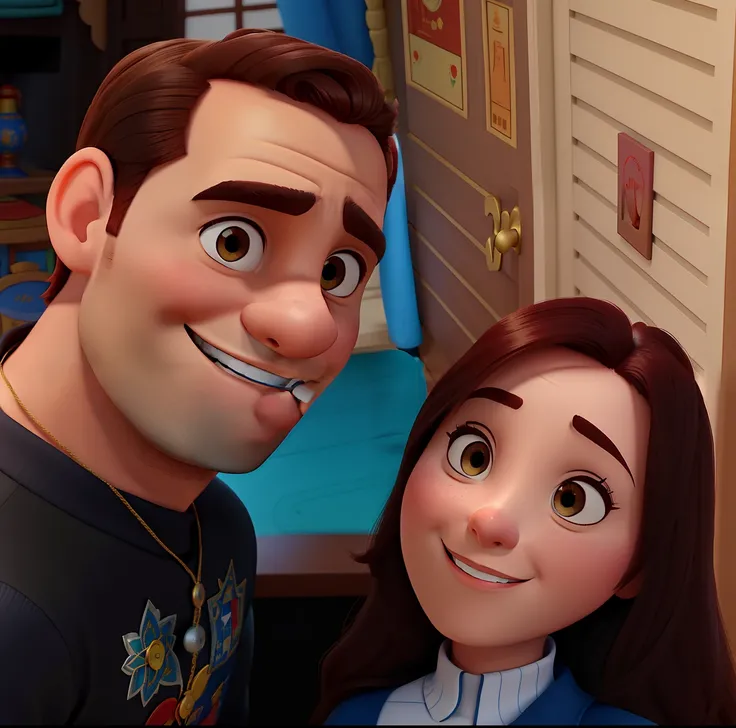 Casal (homem moreno e mulher branca) no estilo Disney Pixar, alta qualidade, melhor qualidade.