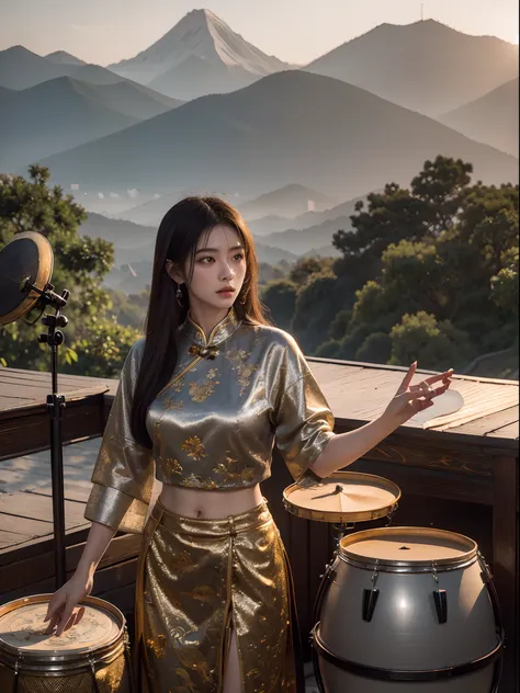 heroic beauties stand in the sunset and play drums，chinese drum，mountain in the distance，silver chinoiserie armor，detailed pubic...