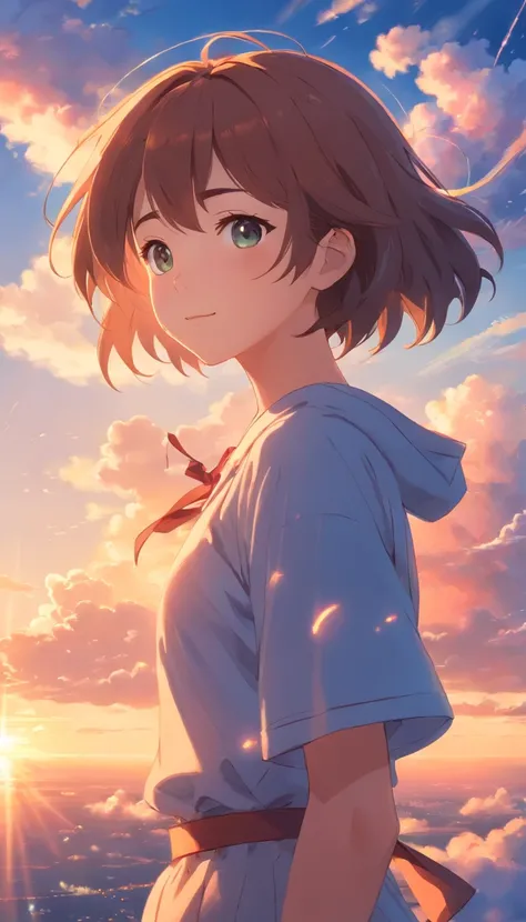 masterpiece, best quality, movie still, 1girl, cloud girl, floating in the sky, close-up, bright, happy, warm soft lighting, sunset, (sparks:0.7)