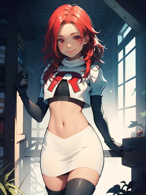 defhapi, team rocket, team rocket uniform, red letter r, white skirt, white crop top, black thigh-high boots, black elbow gloves...