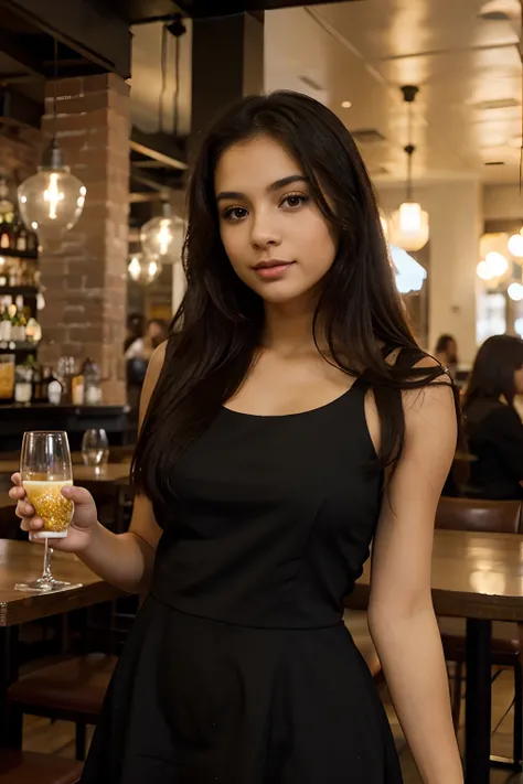 cute latina girl in black dress in a restaurant