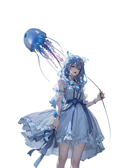 There is a woman in a dress holding a jellyfish balloon, jellyfish priestess, jellyfish shrine maiden, Guviz, jellyfish headdress, Guviz-style artwork, blue transparent jelly, Guweiz in Pixiv ArtStation, blue jellyfish, Guweiz on ArtStation Pixiv, cyberpun...