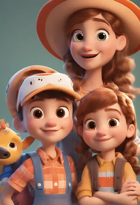 Estilo Pixar: Familia, Um pai, A mother and two girls. Uma menino de 6 anos e outro de 2 anos . Uma fazenda com vacas lindas e marrom .