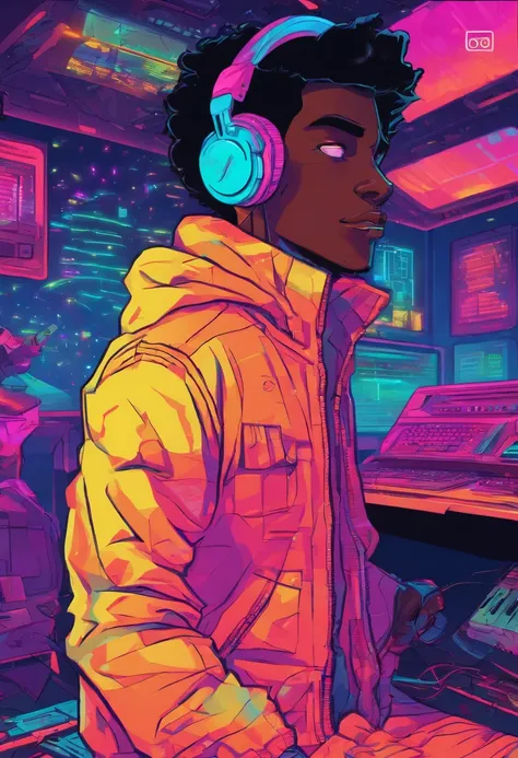 dark skin Boy listening to music in a cozy room at night, Usando fones de ouvido, Anime estilo 2D, Lo-fi, disco Rigido, Ambiente escuro, frente a um computador, livros sobre a mesa, estudando, concentrado, profundidade, 4k, papel de parede, obra prima