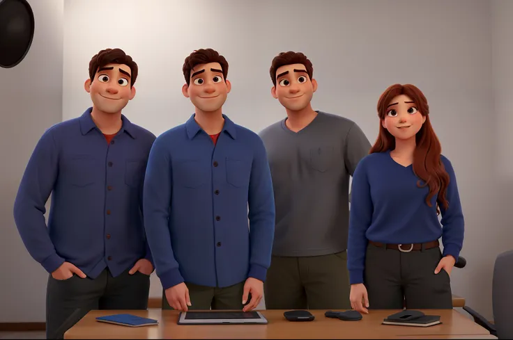 4 pessoas, sendo 3 homens e uma mulher, todos de blusa social, em um estudio, Disney pixar