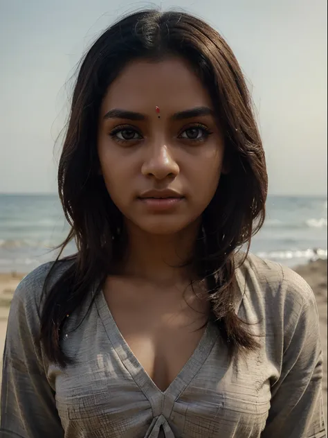 1girl, (flat chest), brown skin, (very small straight nose:1.1), big eyes, black eyes, clothes, Indian, (realistic, highly detailed, masterpiece, best quality:1.3), Beach background, portrait