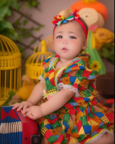 A closeup of a baby sitting on a toy with a toy doll in the background, Menina africana de pele clara, Princesa Africana, usando um vestido africano, Princesa africana deslumbrante, boneca patchwork, 2 anos, tons vibrantes, foto de retrato, cute colorful a...